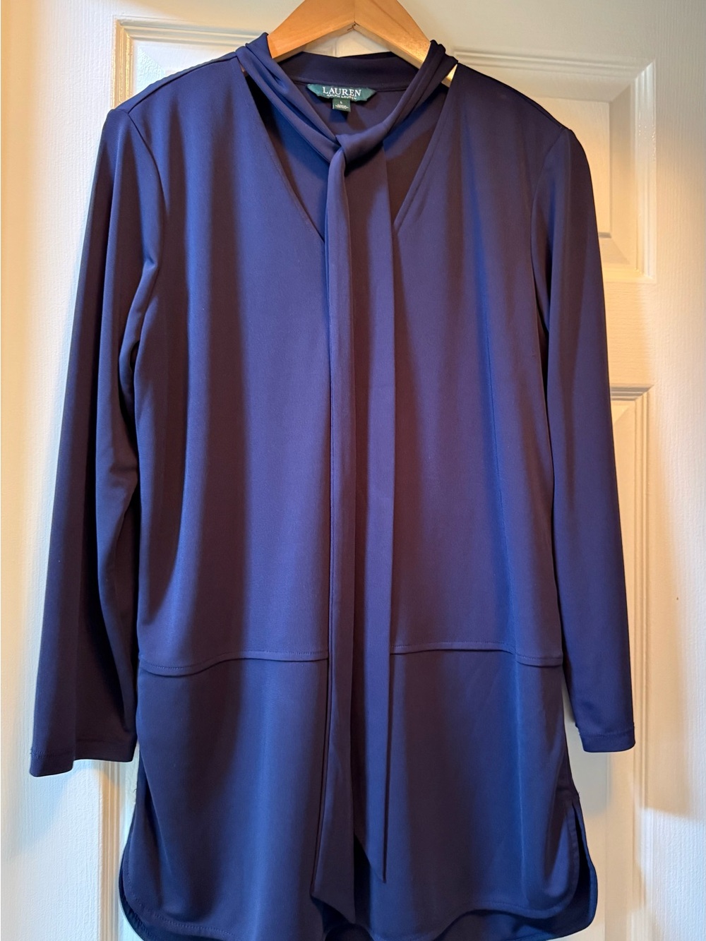 LAUREN Ralph Lauren Stretch Jersey Tie Neck Top-Large 12/14